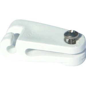 Weißer Laufhaken für Sonnensegel mit Seilspanntechnik, inklusive Schraube.