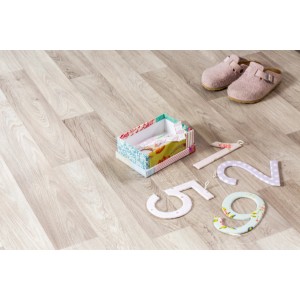 Beiger PVC Bodenbelag Bingo Classic Wood Camargue 504 (400 cm breit) mit Deko.