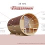 Karibu Fasssauna-Set aus naturbelassenem Holz mit Ofen und Außenteuerung. Saunahaus für den Garten.