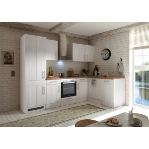 Respekta Winkelküche im Landhausstil, Lärche Weiß Nachbildung, mit E-Geräten und Wildeiche Arbeitsplatte.