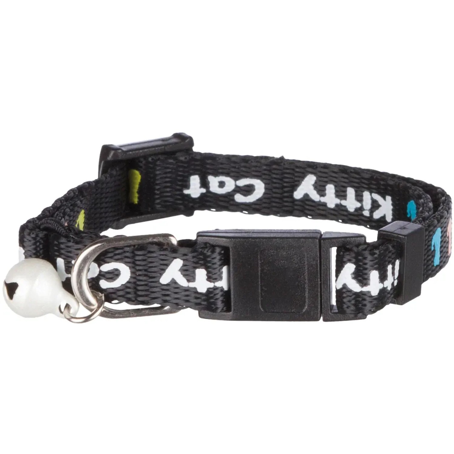 Schwarzes Jollypaw Kätzchenhalsband aus Nylon mit Schelle und weißen "Kitty Cat" Schriftzug.