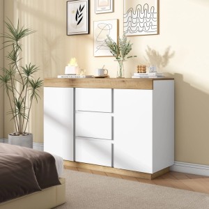 okwish Kommode mit 3 Schubladen Türen Schließfach Wohnraum 120x40x83cm Weiß