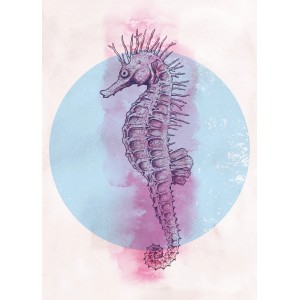 Komar Wandbild Sea Horse Circle, 50x70 cm, mit rosa Seepferdchen vor blauem Kreis.