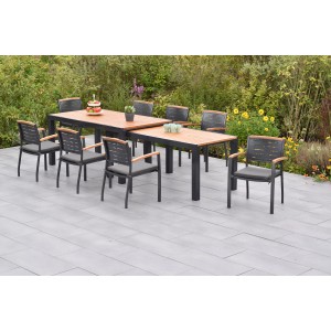 Merxx Tinos Gartenmöbel-Set mit Ausziehtisch und 8 Stapelsesseln mit grauen Kissen.