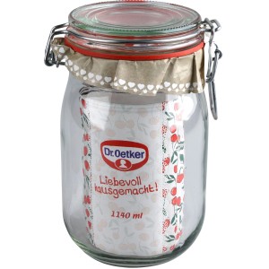Dr. Oetker Bügelglas, 1140ml, transparent, mit rotem Dichtungsring und Etikett, Küchenhelfer.