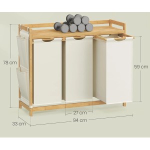 Songmics Wäschesammler Rocki mit 3 Fächern, Ablage und seitlichen Taschen. Eiche-Weißes Design.