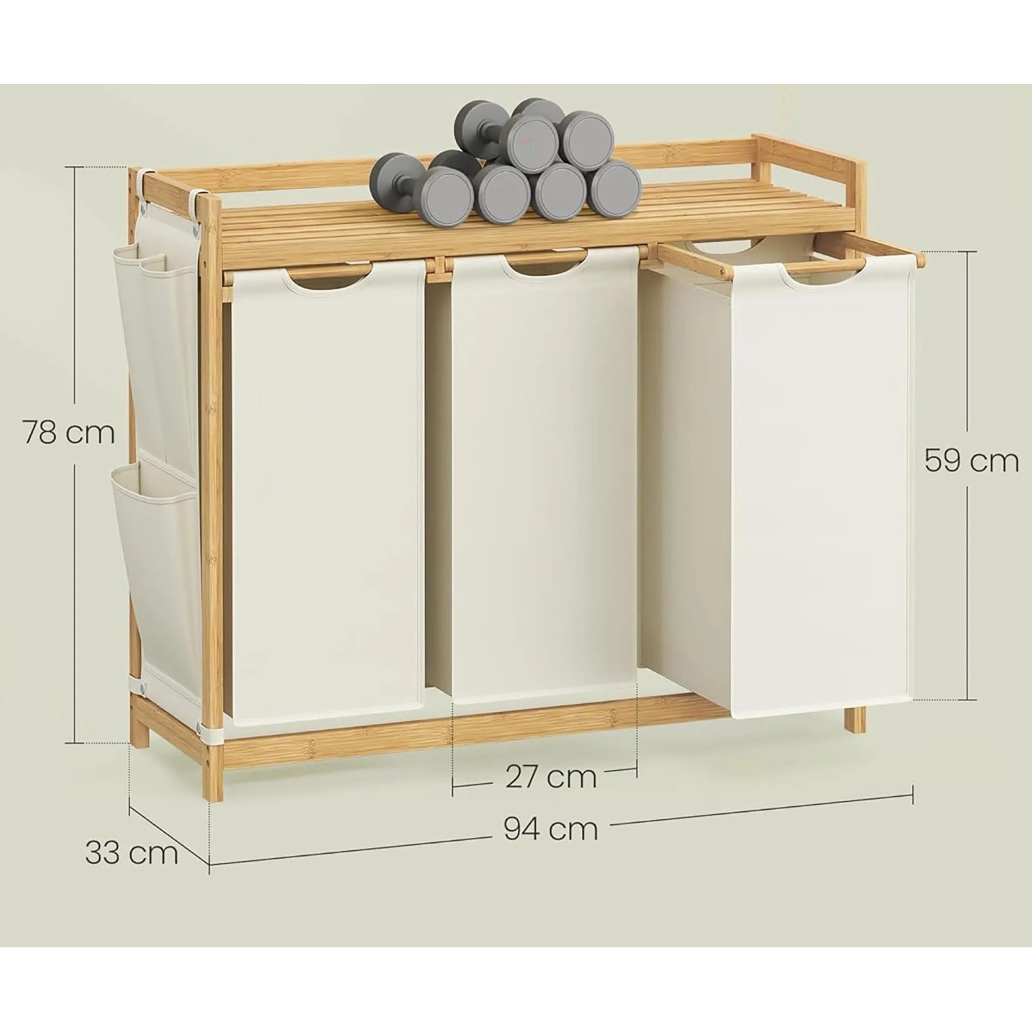 Songmics Wäschesammler Rocki mit 3 Fächern, Ablage und seitlichen Taschen. Eiche-Weißes Design.