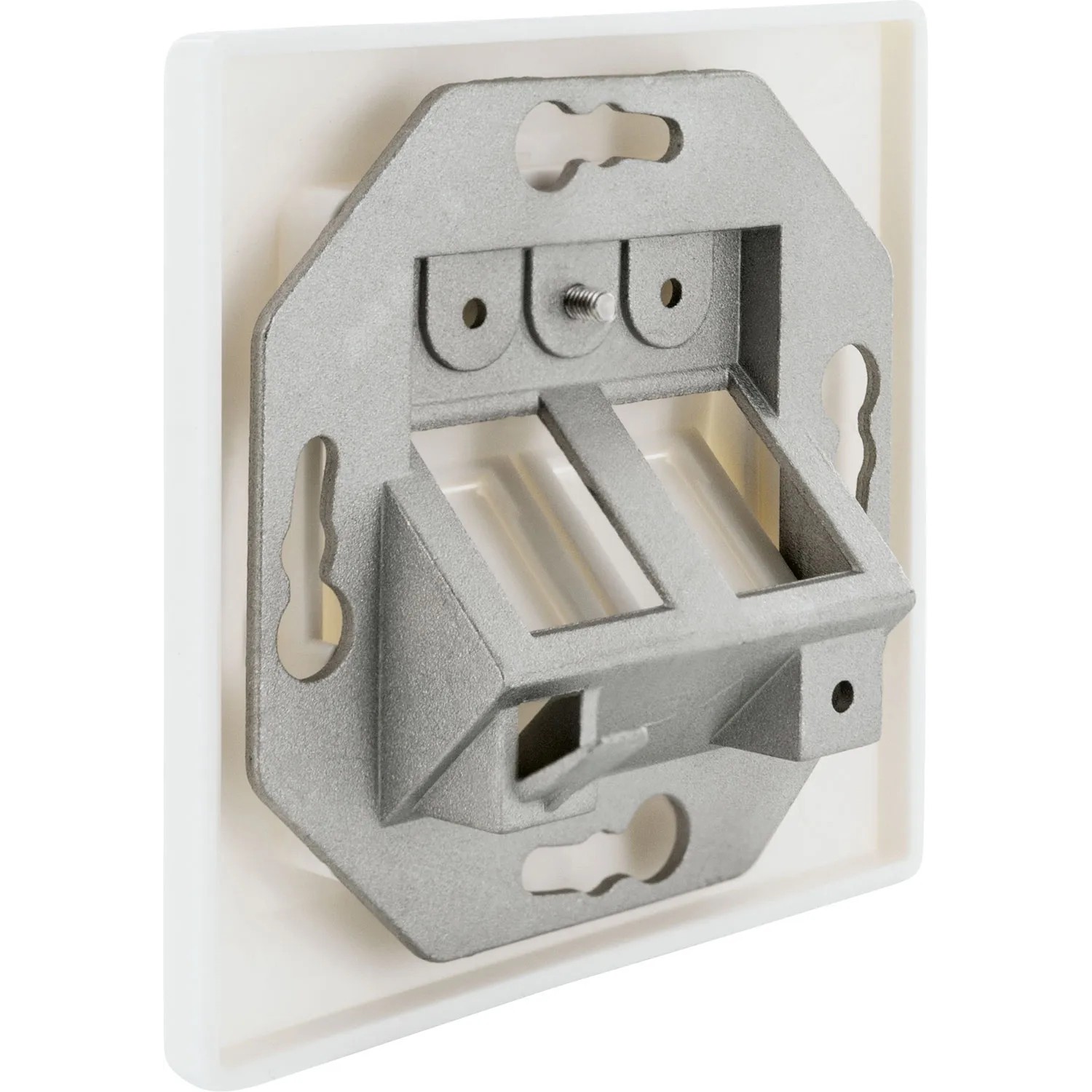 Schwaiger Keystone Anschlussdose für Unterputzmontage, Rückansicht mit Aufnahme für zwei Module.