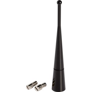 Schwarzer OBI Antennenstab, 10 cm, mit Schrauben für Kfz-Montage.