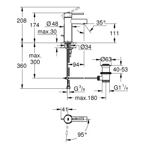 Technische Zeichnung: Grohe Essence Waschtischarmatur S-Size, Chrom, mit Maßangaben.