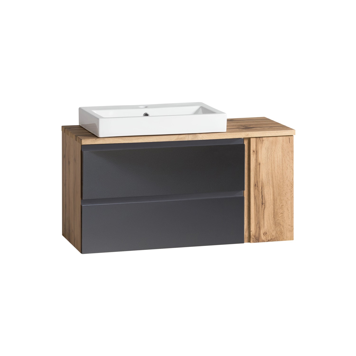 Held Möbel Waschtisch Ancona, 105 cm, matt Grau-Wotaneiche mit Becken links, Teil eines Badmöbel-Sets.