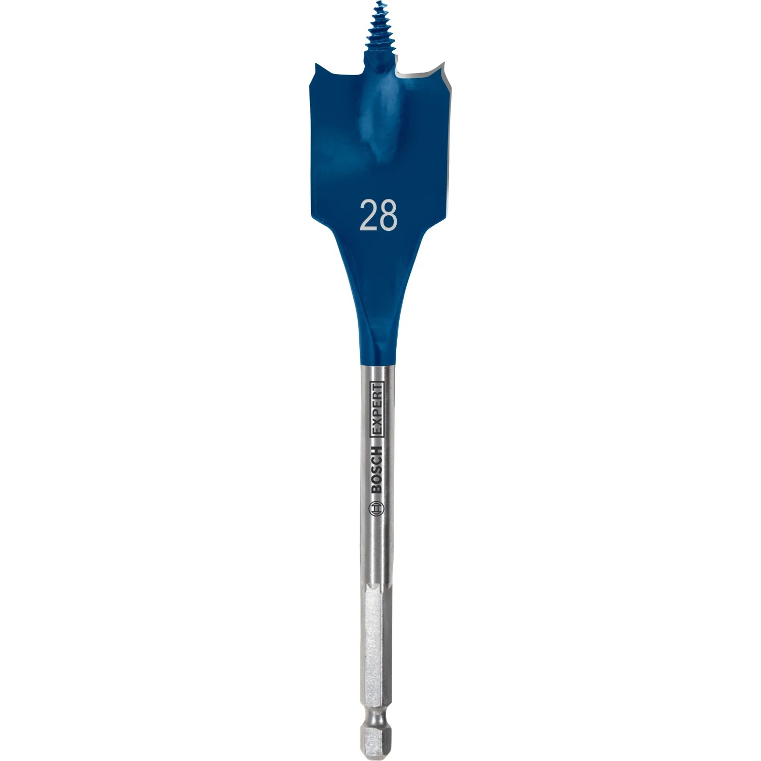 Bosch Expert Selfcut Flachfräsbohrer, Ø 28 mm, für Holz. Blauer Bohrkopf mit Zentrierspitze.