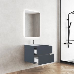 Modernes Inter Ceramic Badmöbel-Set 60 cm in Grau Matt mit Waschtisch, LED-Spiegel und offenen Schubladen.
