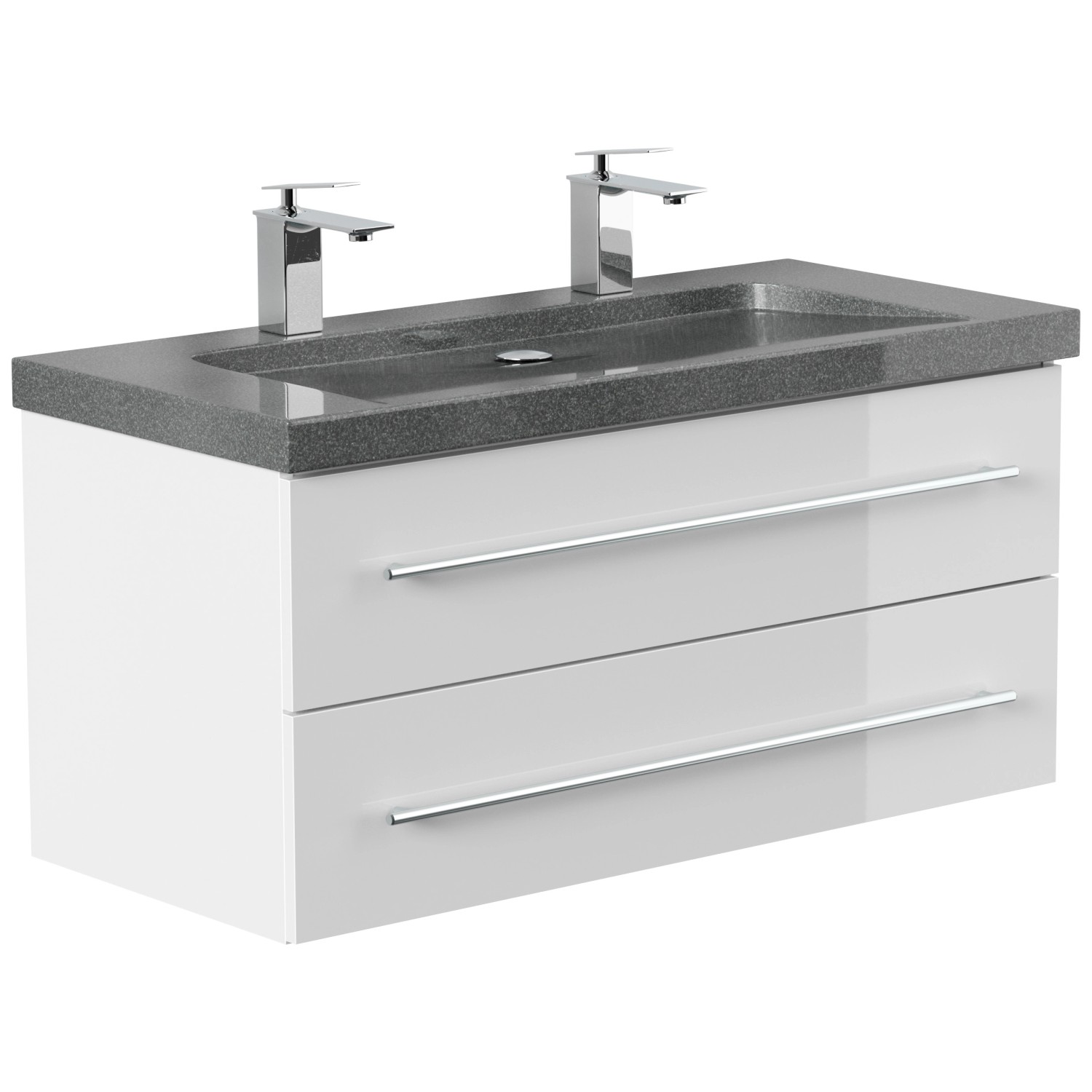 Posseik Badmöbel-Set Yamo, 100 cm, Weiß Hochglanz mit Granit Waschbecken und zwei Hahnlöchern.