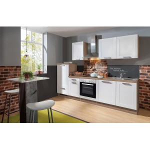 Menke Küchenzeile Artisan Premium 270 cm, Landhausstil in Weiß und Artisan-Eiche Nachbildung.