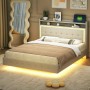 okwish Polsterbett 140x200cm mit USB LED Verstecktem Fußteil Beige ohne Matratze_3