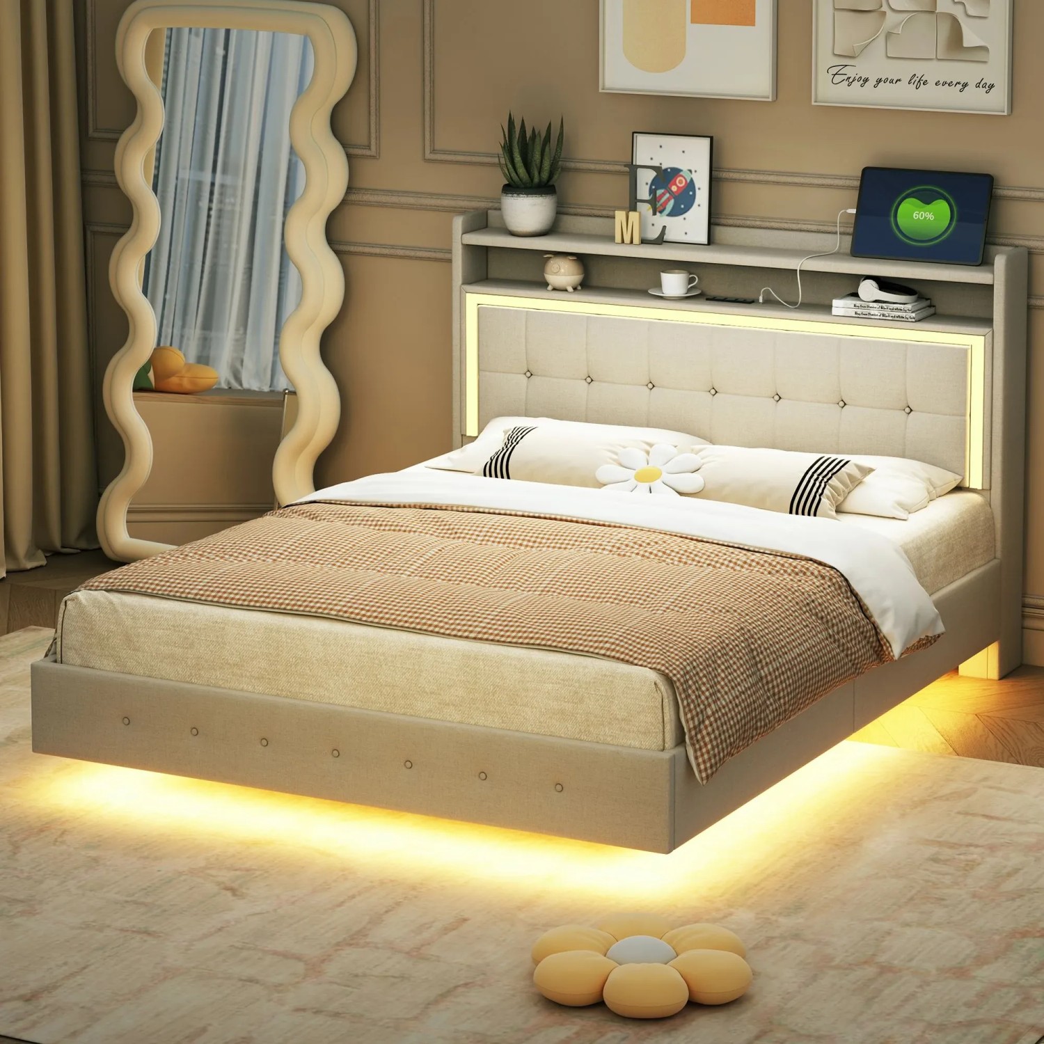 okwish Polsterbett 140x200cm mit USB LED Verstecktem Fußteil Beige ohne Matratze_3