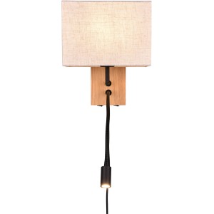 Trio Wandleuchte Nilam mit Lesearm, naturbelassenem Holz und weißem Stoffschirm.