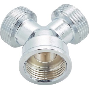 Verchromtes Messing Gewinde-Gabelstück mit Innengewinde und zwei Außengewinden.