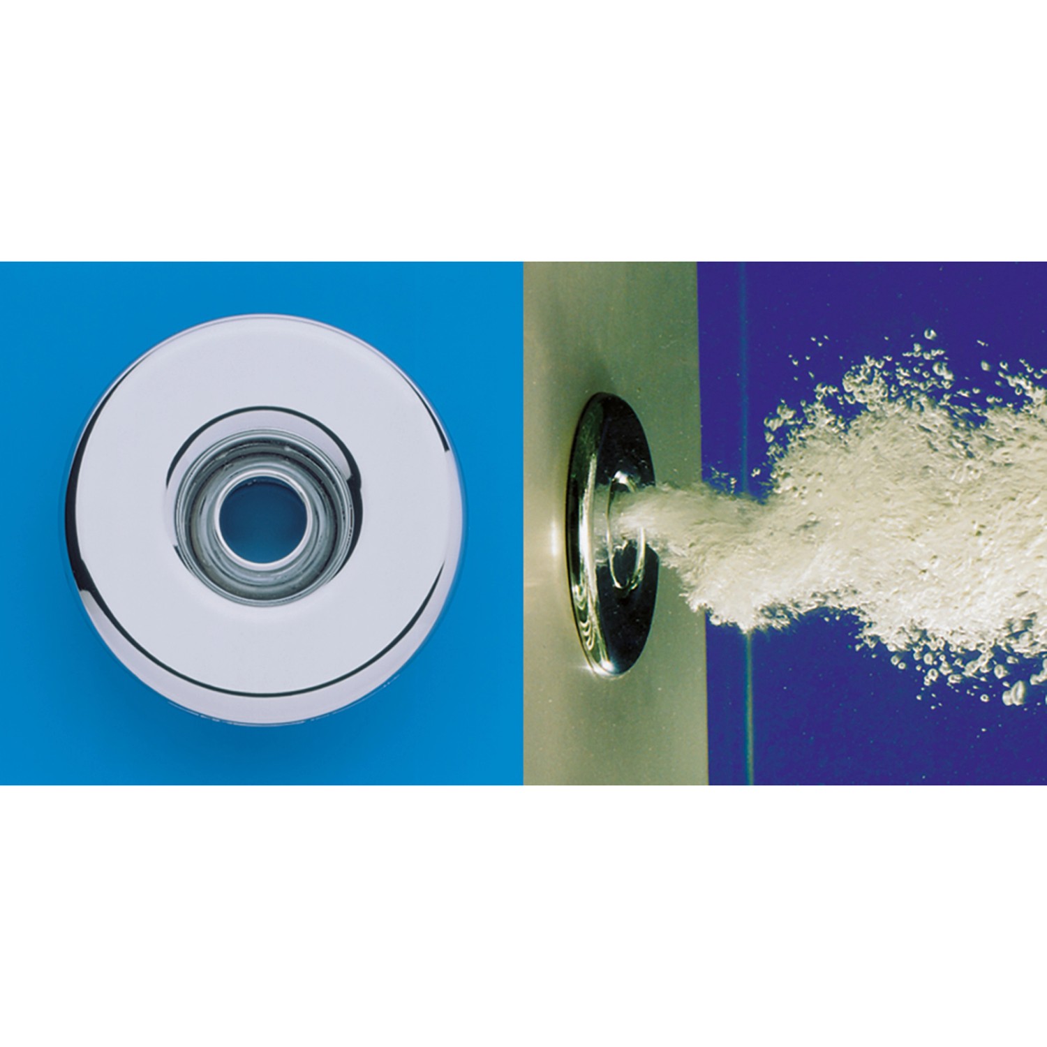 Detailaufnahme einer Düse des Ottofond Whirlpools Rosa Exklusiv, seitlich mit Wasserstrahl.