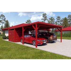 Holzbrüder Doppelcarport Ralf mit Geräteraum, oxidrot, mit zwei parkenden Autos.