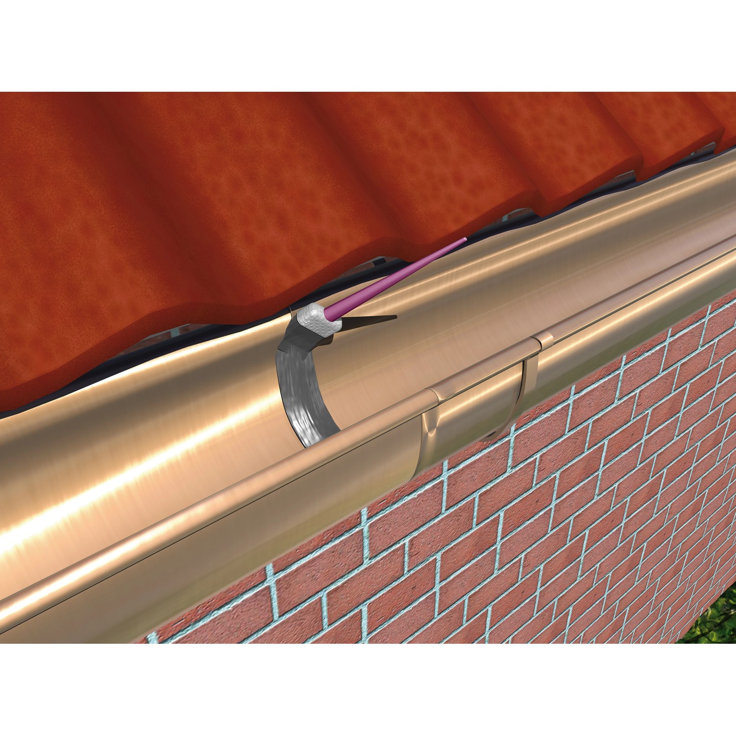 Detailaufnahme: Dachrinne abgedichtet mit MEM Water Stop, steingrau, zum Schutz vor Feuchtigkeit.