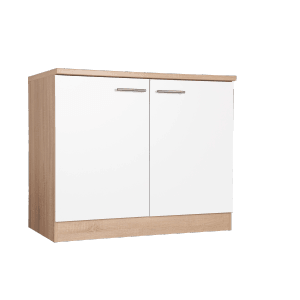 Respekta Spülenunterschrank Merle, 100 cm, Weiß, mit zwei Türen und Stangengriffen.