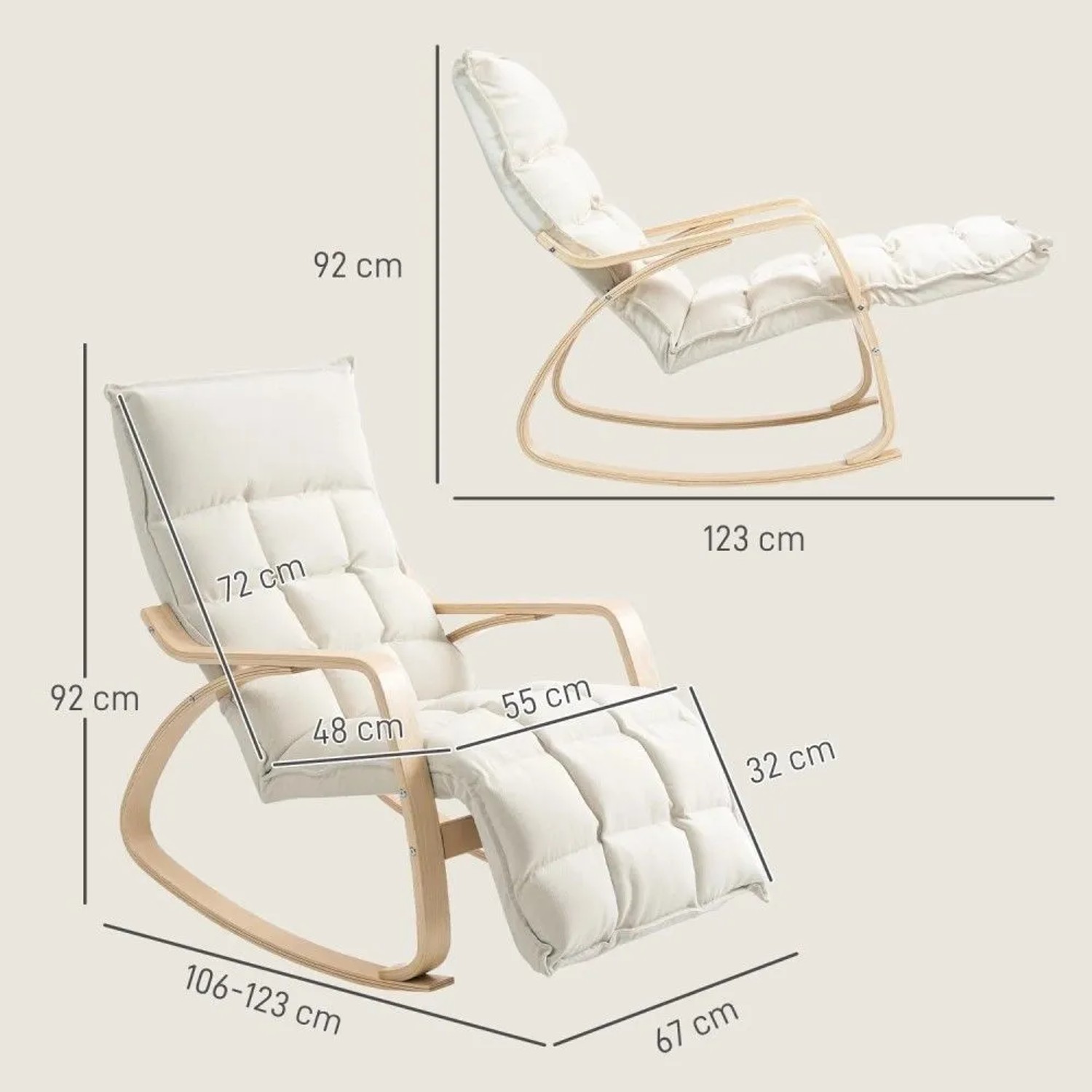 HOMCOM Schaukelstuhl cremeweiß mit Birkenlaminat-Rahmen und verstellbarer Fußstütze, Maße 106-123x67x92 cm.