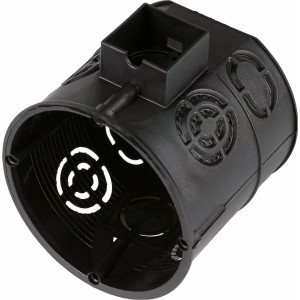 Schwarze ISO-Schalterdose (Ø 60 mm) aus Kunststoff für Unterputzmontage.