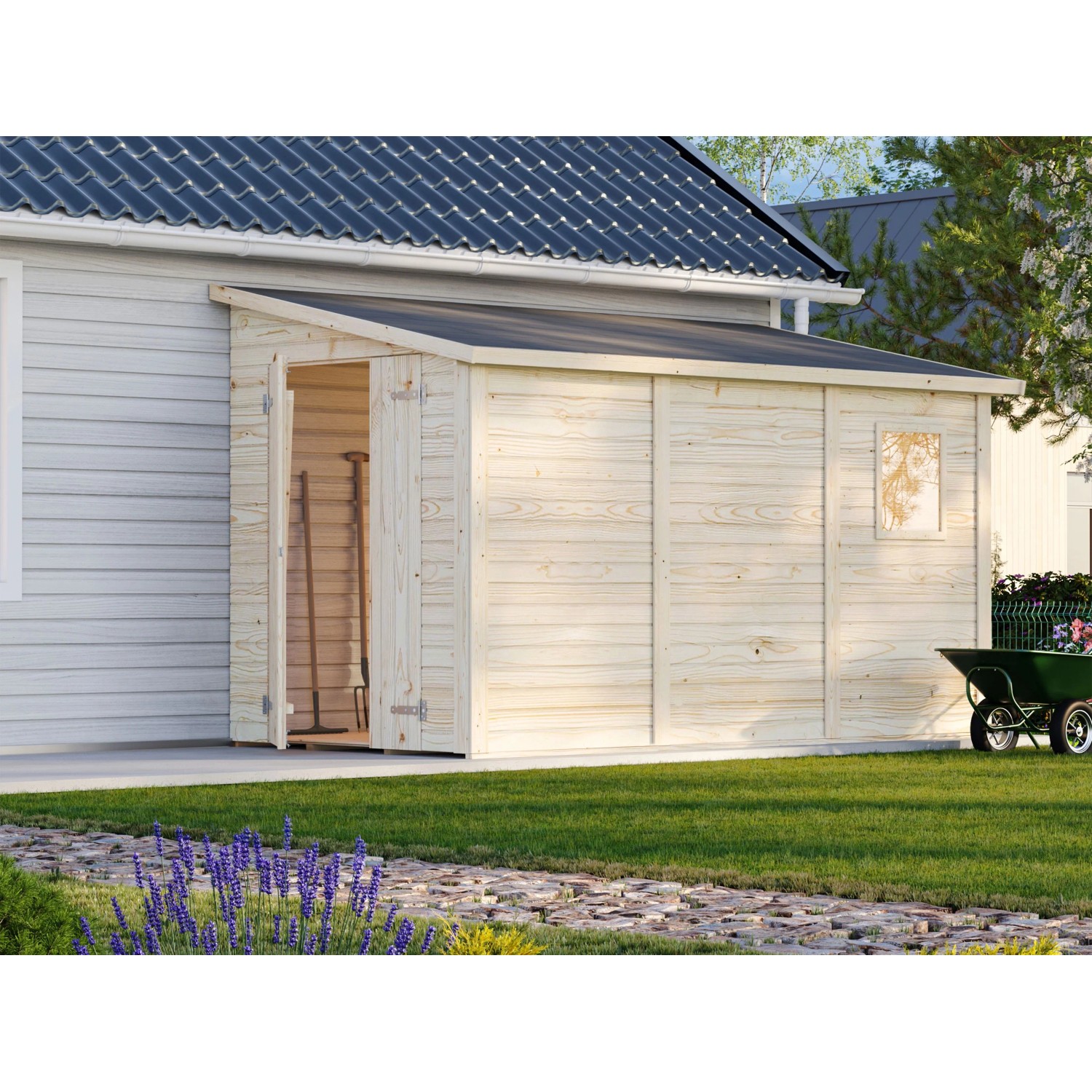 Palmako Mia Holz-Gartenhaus mit Pultdach, unbehandelt, zur Aufbewahrung von Gartengeräten.