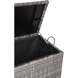Geöffnete, graue Garden Pleasure Auflagenbox Patras (60x50x120cm) aus Rattan mit schwarzem Innenraum.