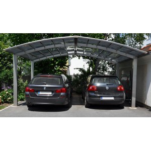 Ximax Carport Portoforte-80 M Edelstahl-Look mit zwei parkenden Autos.
