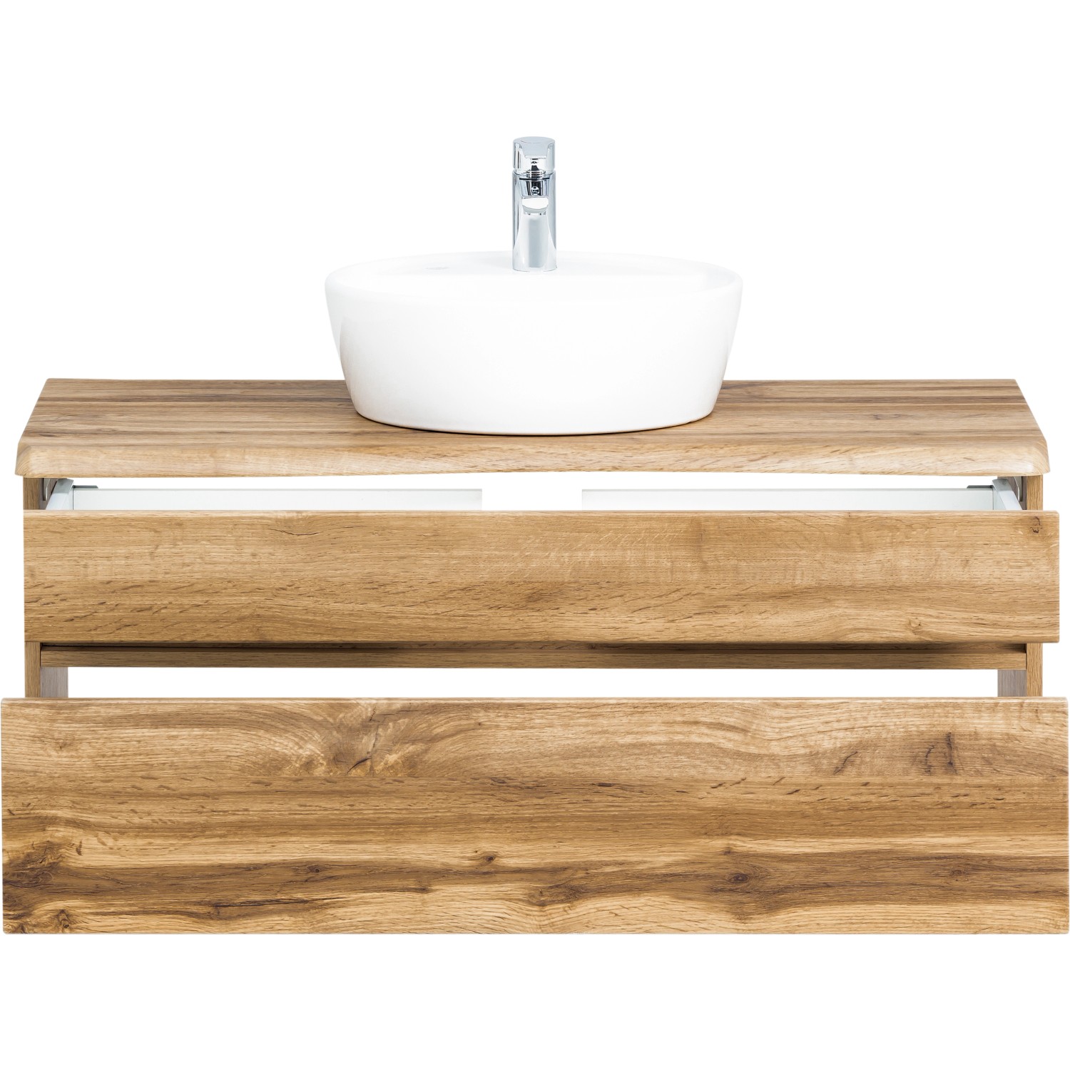 Held Möbel Waschtisch Trient 100 cm in Wotaneiche mit rundem Keramik-Aufsatzbecken.