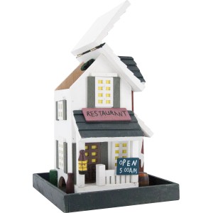 Vogelfutterhaus im Restaurant-Design aus lackiertem Holz mit aufklappbarem Dach.