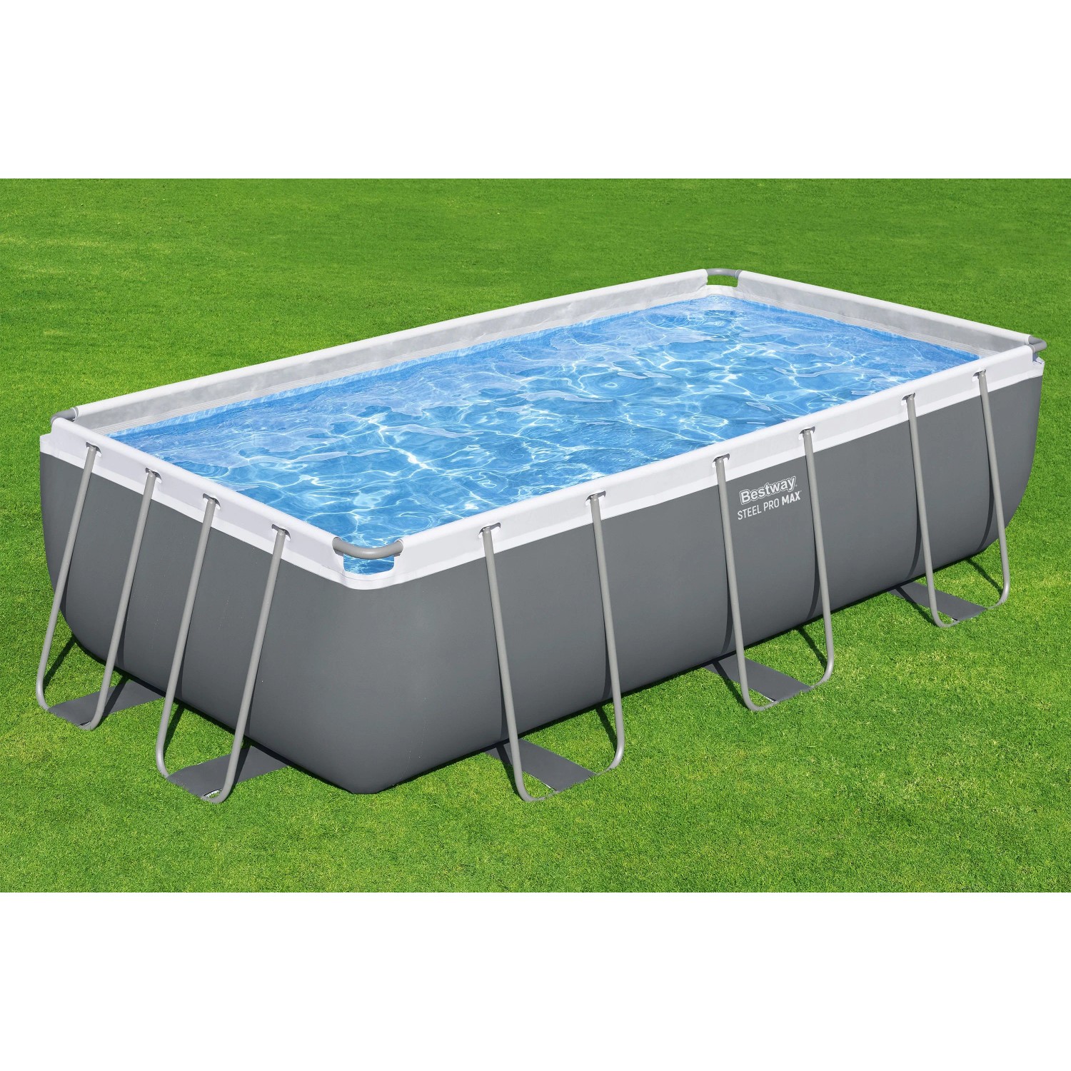 Rechteckiger Bestway Stahlrahmen-Pool Steel Pro Max Frame in Grau mit blauem Wasser auf grünem Rasen.