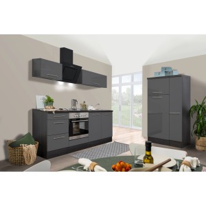 Respekta Premium Küchenzeile 300 cm in Grau Hochglanz und Eiche Grau mit E-Geräten.