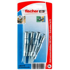 Fischer Hohlraumdübel HM 5x52 mit Schrauben, 4er-Set, für sichere Befestigung in Plattenbaustoffen.