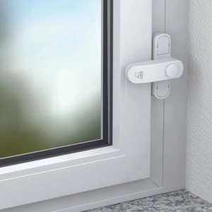 Weiße Basi Fenster-Zusatzsicherung für einflügelige Fenster und Fenstertüren.