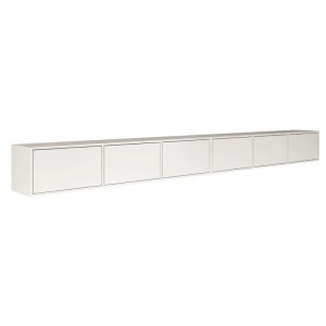 Modernes, weißes Selsey TV-Hängeboard Framme, 300 cm, mit 6 grifflosen Push-to-Open Klappen. Wandmontierter TV-Schrank.