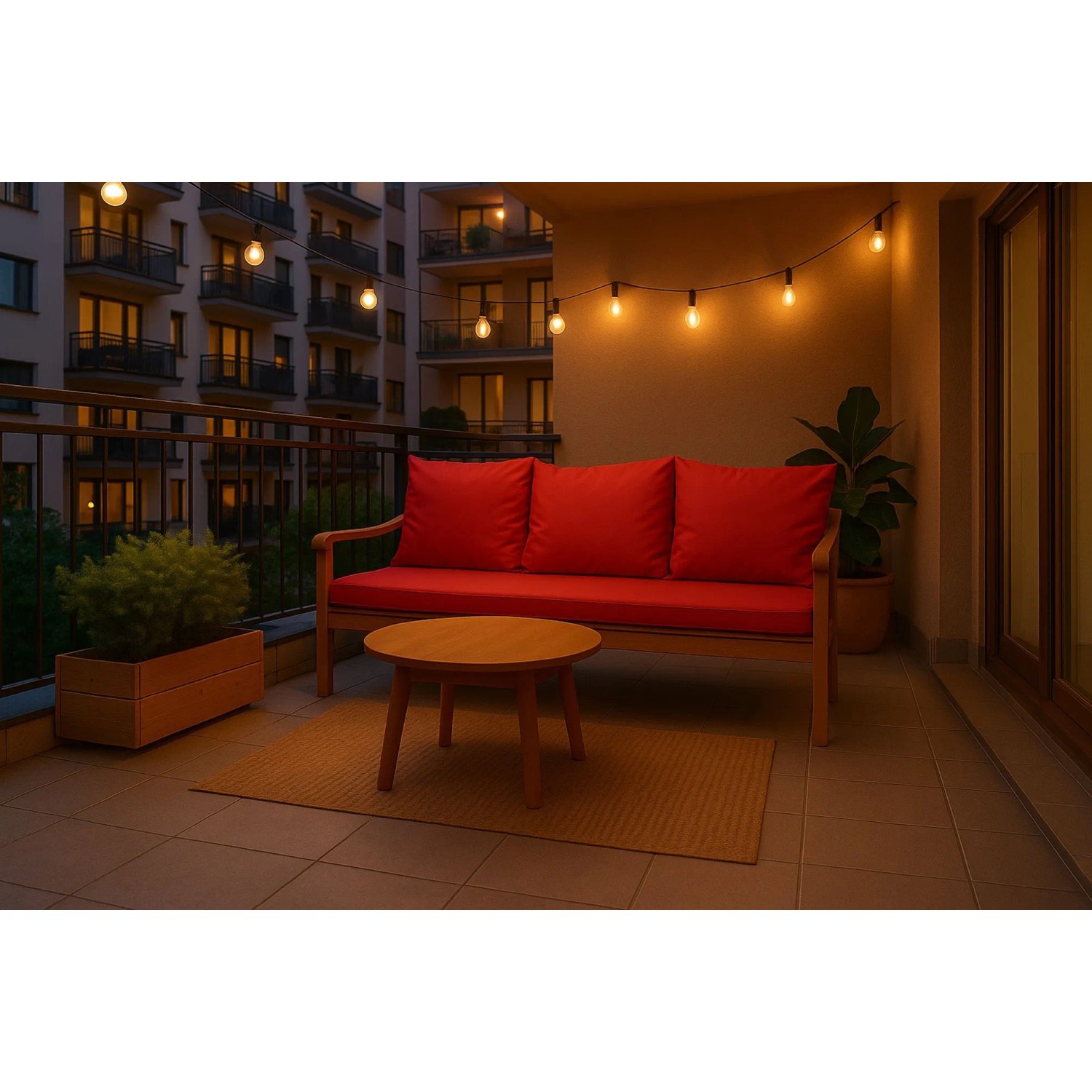 Rotes Setgarden Bankkissen für 3-Sitzer Gartenbank 160x50 cm + Rückenkissen auf Balkon mit Lichterkette.