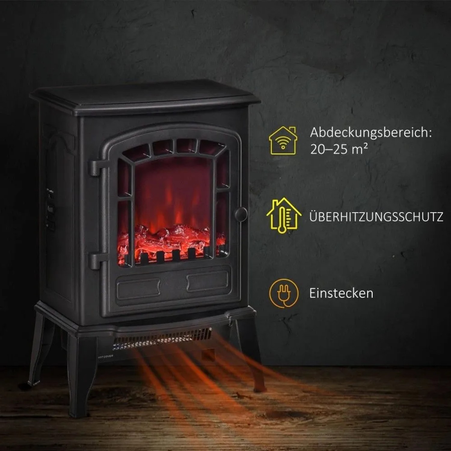 Schwarzer HOMCOM Elektrokamin aus Kunststoff mit Glas, realistischem Flammeneffekt, Heizfunktion und Überhitzungsschutz.