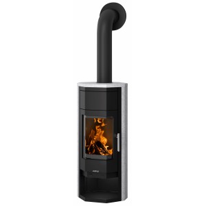 Justus Usedom W+ Kaminofen, 5 kW, Speckstein grau. Zeitbrandofen mit prismatischer Scheibe.