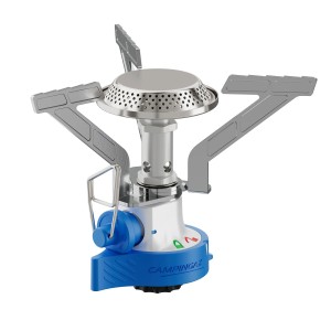 Campingaz Gaskocher Twister Connect, 2,9 kW, mit Topfträger und blauer Kartuschenhalterung.