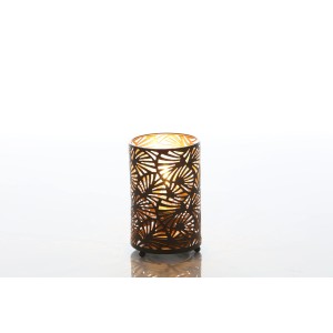 Kleine LED Stehlampe in Kupfer-Schwarz mit filigranem Muster für stimmungsvolles Licht.