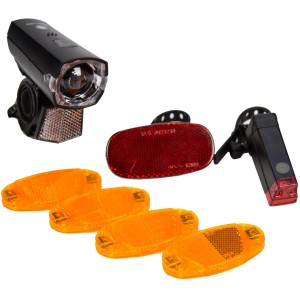 Fischer Fahrrad-Aufrüstset LED, 7-teilig: Frontleuchte, Rücklicht, Reflektor und Speichenstrahler für Fahrräder.