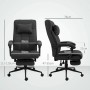 Schwarzer ergonomischer Bürostuhl in Leinenoptik mit ausziehbarer Fußstütze und Kopfstütze.