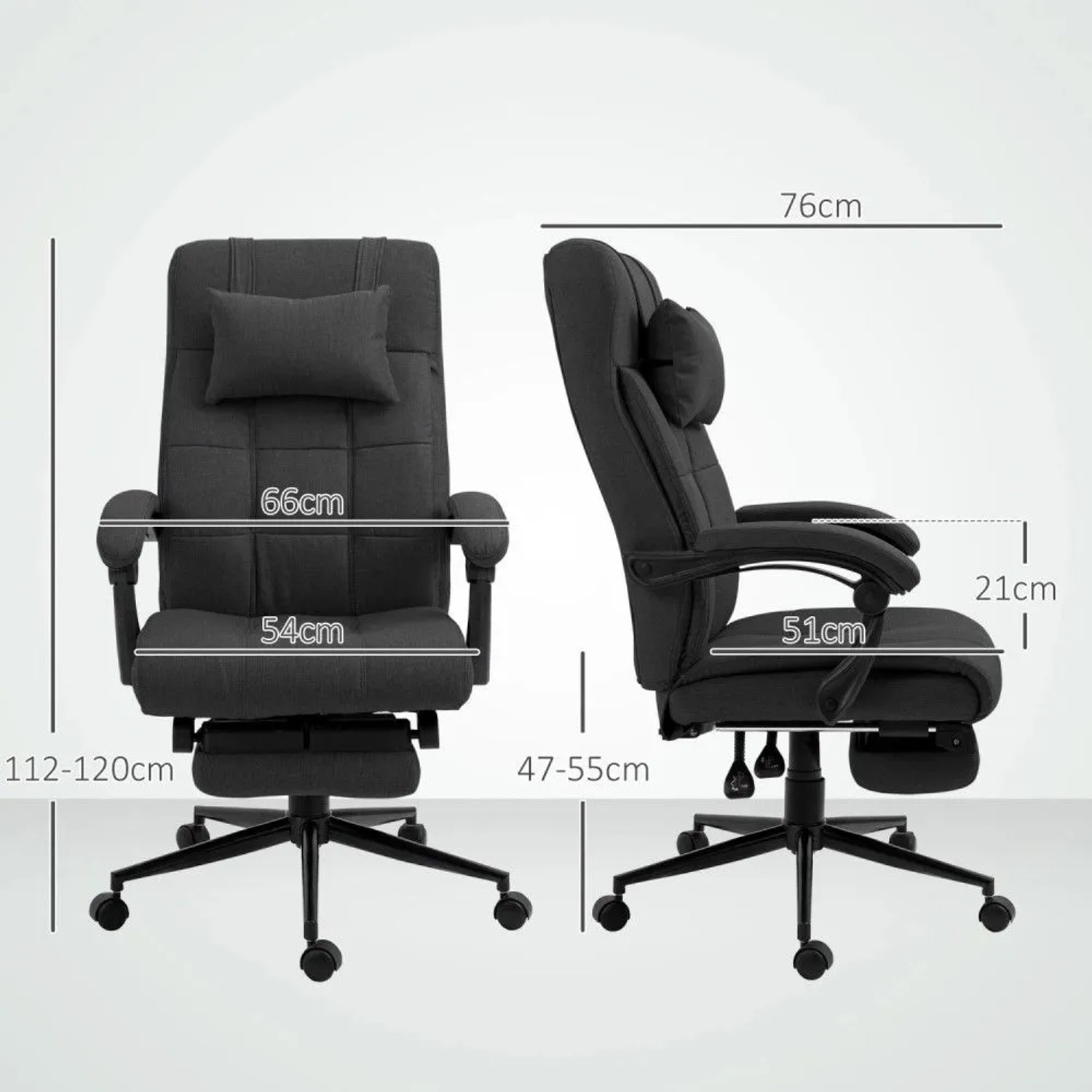 Schwarzer ergonomischer Bürostuhl in Leinenoptik mit ausziehbarer Fußstütze und Kopfstütze.