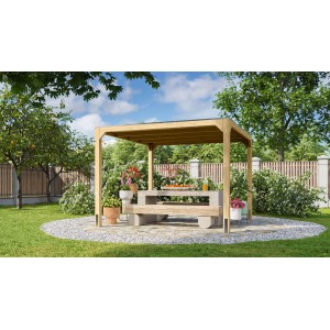 Naturbelassener Karibu Fyrkant Pavillon 320x320 cm im Garten mit Tisch und Bänken.