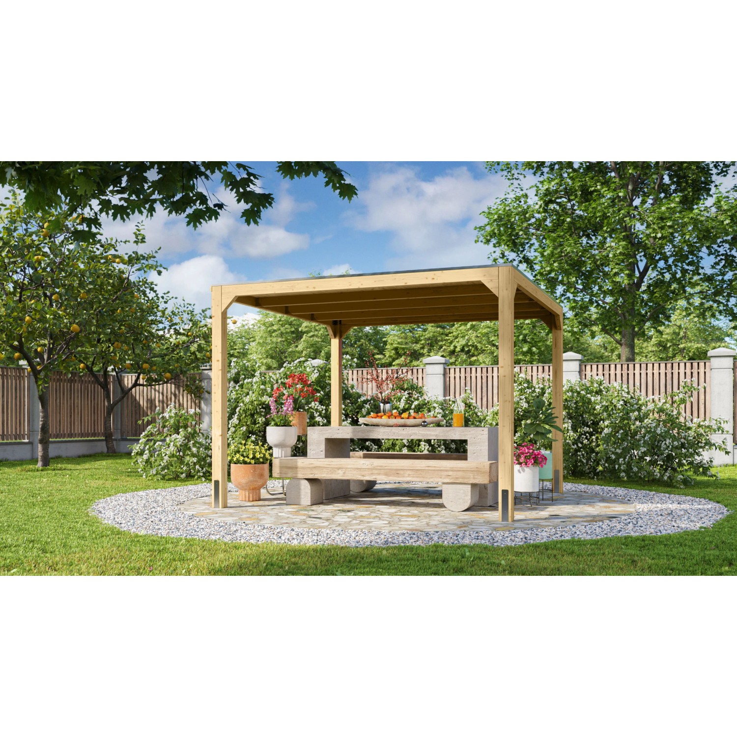 Naturbelassener Karibu Fyrkant Pavillon 320x320 cm im Garten mit Tisch und Bänken.