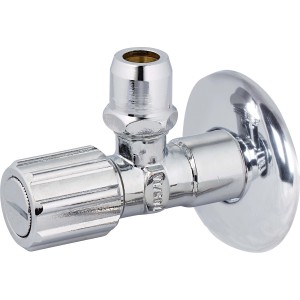 Verchromtes Eckventil mit Schlauchanschluss und Schmutzfänger, gerade Ausführung.